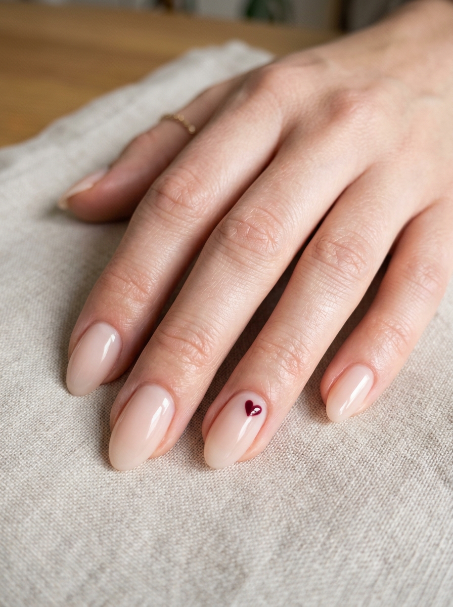 Short Almond Nails mit Mini Heart Accent als Kurze Almond Nails Inspiration 2026